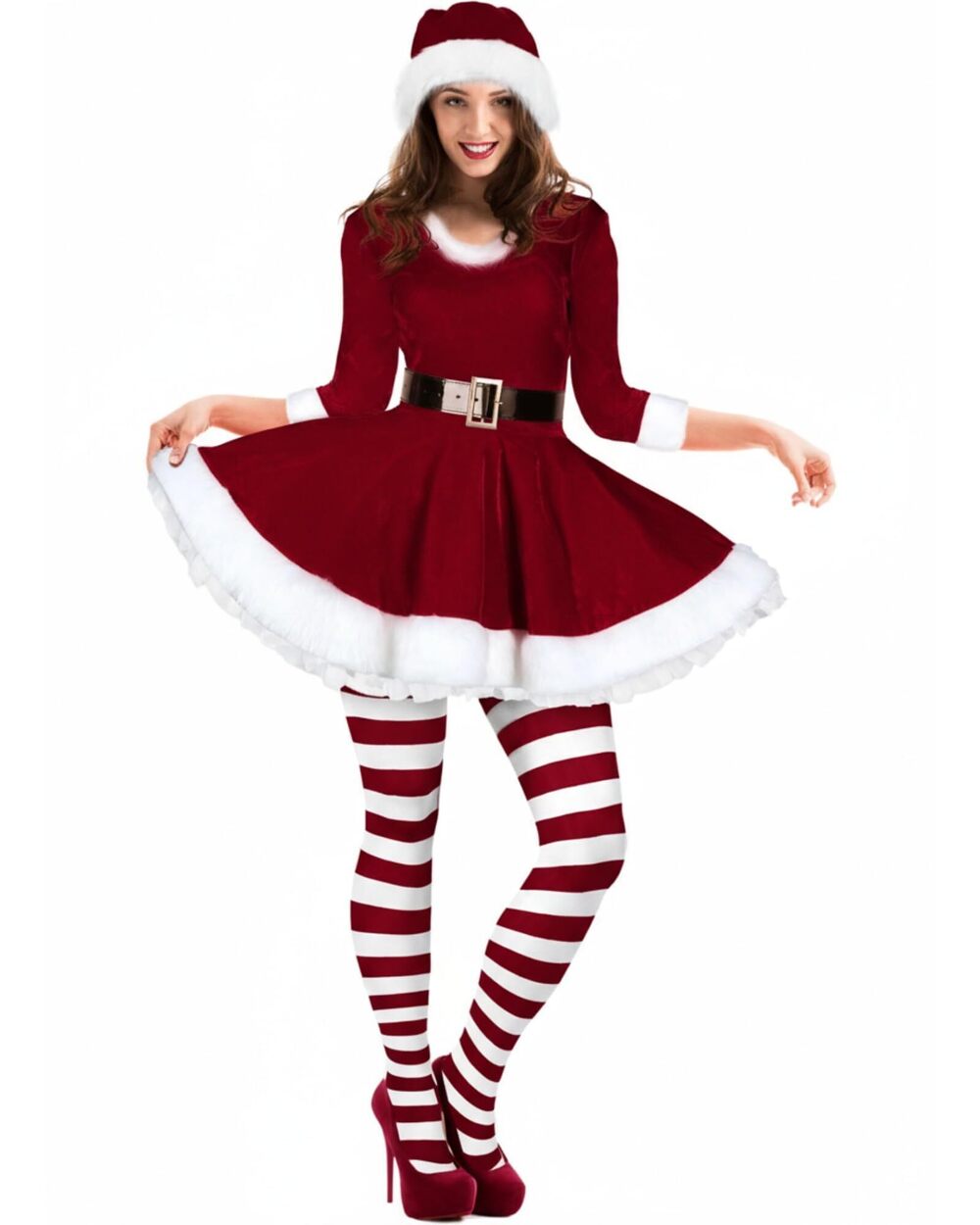 2400 Santa Claus Costume Set Velvet Dress with Belt Xmas Striped Tights